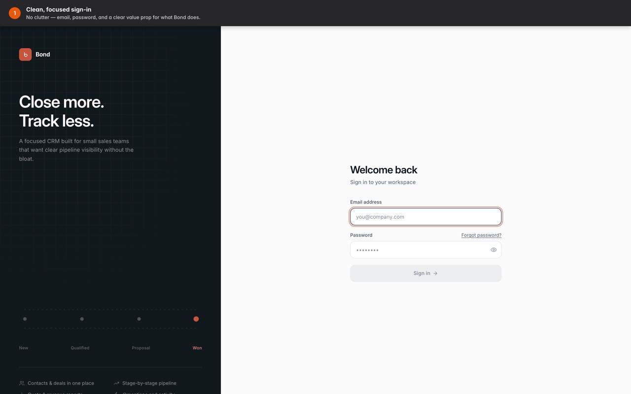 Bond sign-in screen. Fictional sandbox data.